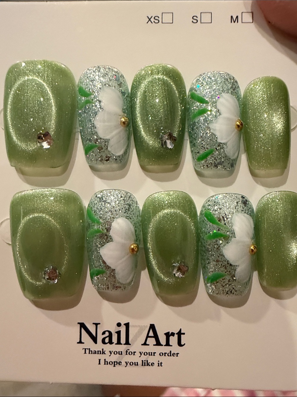Green cateye Floral handmade acrylic Press-On Nail Set